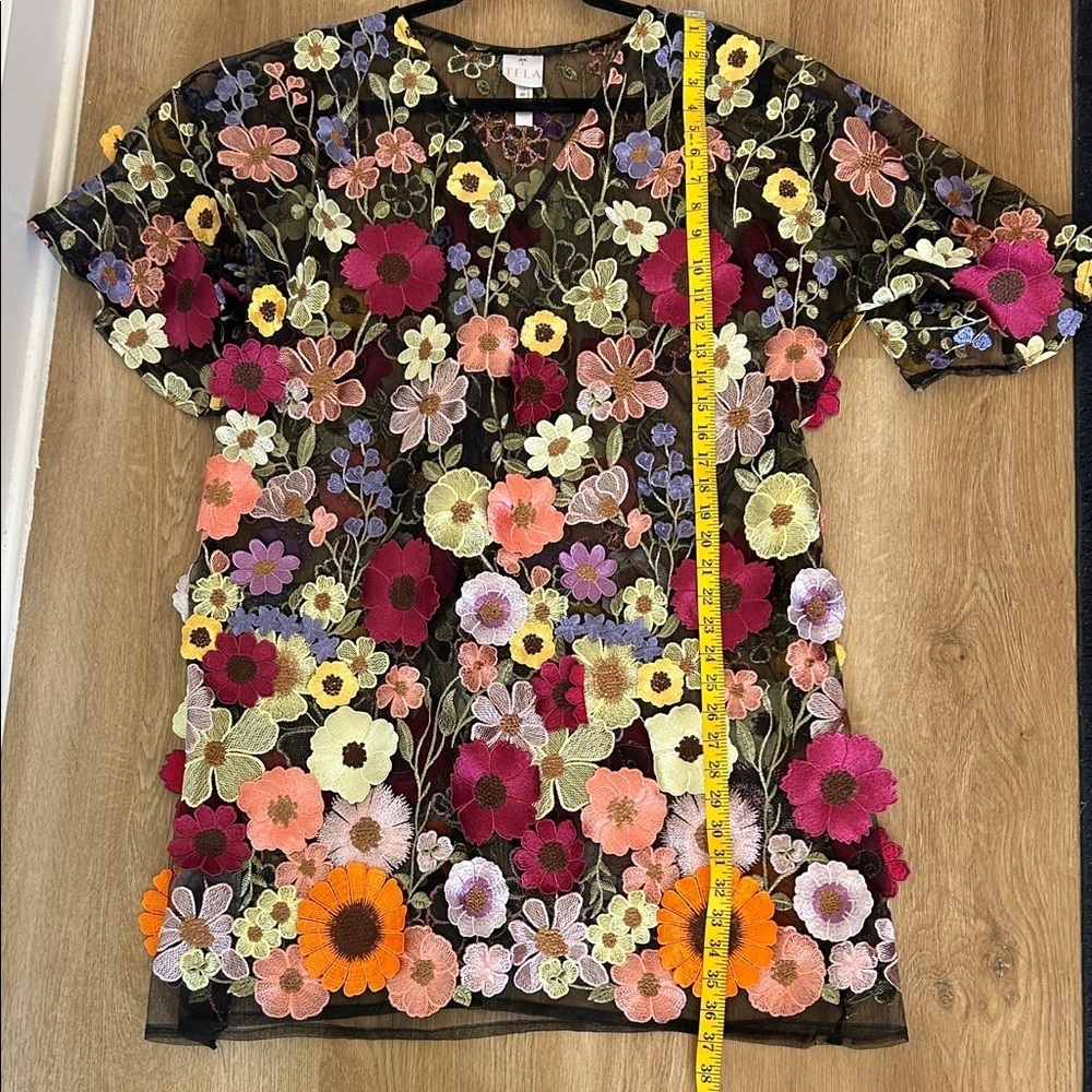 Tela Black Sheer Floral Summer Mini Dress 3D florals size L - Picture 9 of 11
